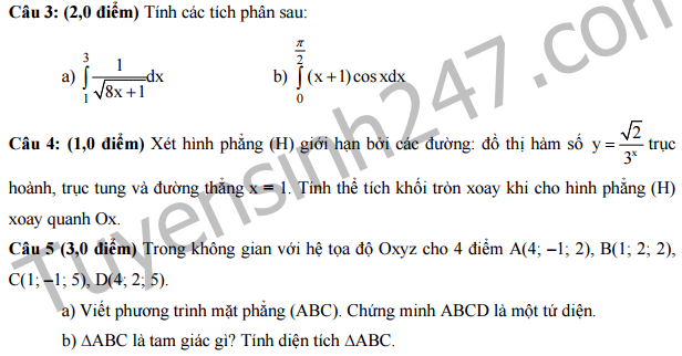 Đề thi giữa học kì 2 lớp 12 môn Toán - THPT Thủ Đức 2016