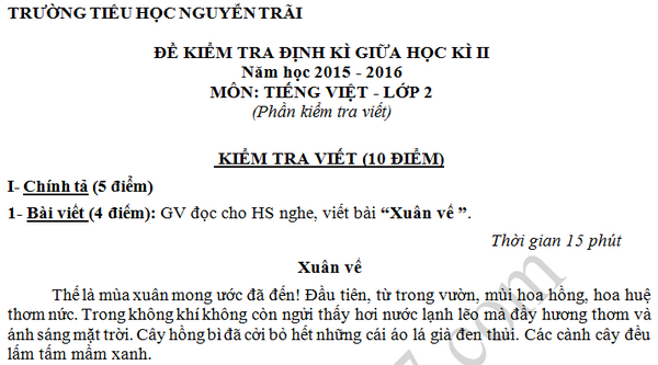 Đề thi giữa kì 2 lớp 2 môn Tiếng Việt - Tiểu học Nguyễn Trãi 2016