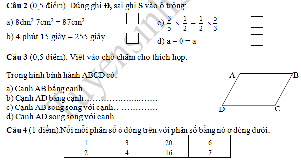 Đề thi giữa kì 2 lớp 4 môn Toán -  Tiểu học Kim Đồng 2016