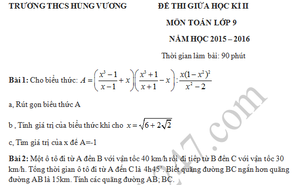 Đề thi giữa học kì 2 lớp 9 môn Toán - THCS Hùng Vương 2016