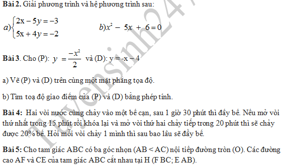 Đề thi giữa học kì 2 lớp 9 môn Toán - THCS Lê Lợi 2016