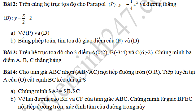 Đề thi giữa học kì 2 lớp 9 môn Toán - THCS Chu Văn An 2016