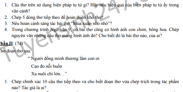 Đề thi giữa học kì 2 môn Văn  - THCS Tam Hưng 2016