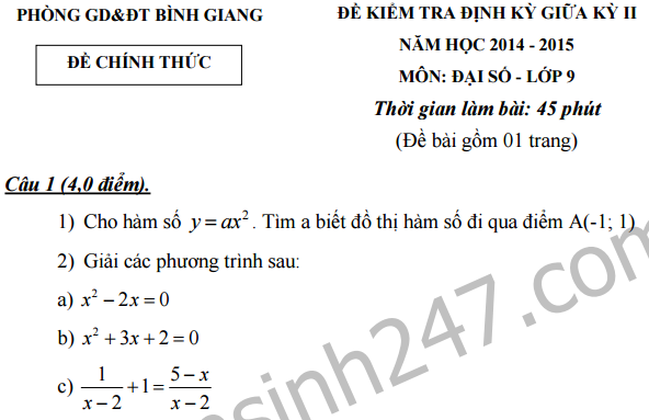 Đề thi giữa kì 2 lớp 9 môn Toán -  THCS Bình Giang 2016