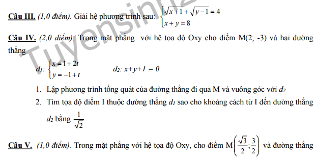 Đề thi giữa kì 2 lớp 10 môn Toán - THPT Đào Duy Từ 2016