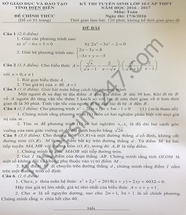 Đề thi vào lớp 10 môn Toán tỉnh Điện Biên năm 2016- 2017