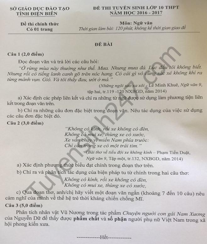 Đề thi vào lớp 10 môn Văn tỉnh Điện Biên năm 2016 - 2017