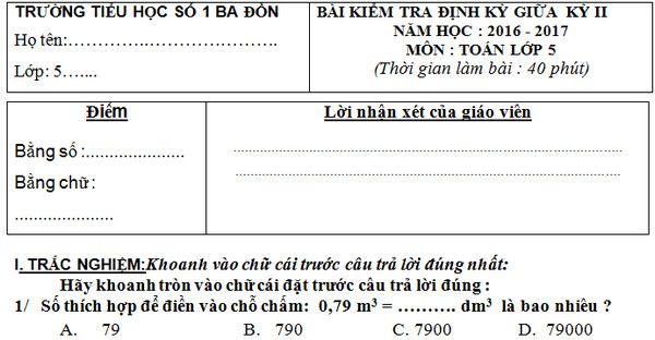 Đề thi giữa học kì 2 lớp 5 môn Toán - Tiểu học số 1 Ba Đồn 2017