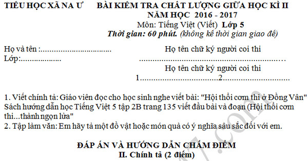 Đề thi giữa học kì 2 lớp 5 môn Tiếng Việt - Tiểu học xã Na Ư 2017