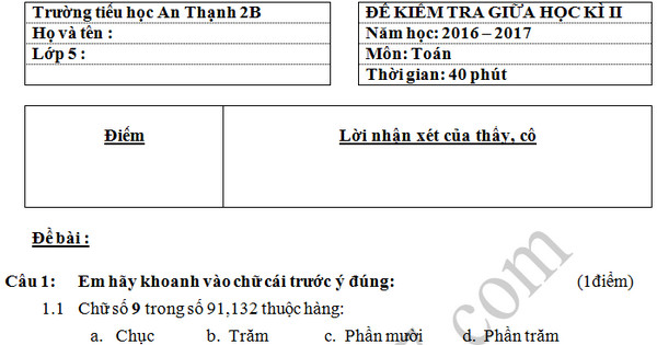 Đề thi giữa học kì 2 lớp 5 môn Toán - Tiểu học An Thạnh 2B, 2017