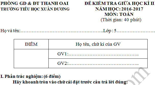 Đề thi giữa học kì 2 lớp 5 môn Toán - Phòng GDĐT Thanh Oai 2017