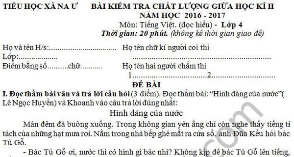 Đề thi giữa học kì 2 lớp 4 môn Tiếng Việt - Tiểu học xã Na Ư 2017