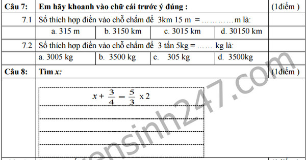 Đề thi giữa học kì 2 lớp 4 môn Toán - Tiểu học thị trấn Thanh Hà 2017