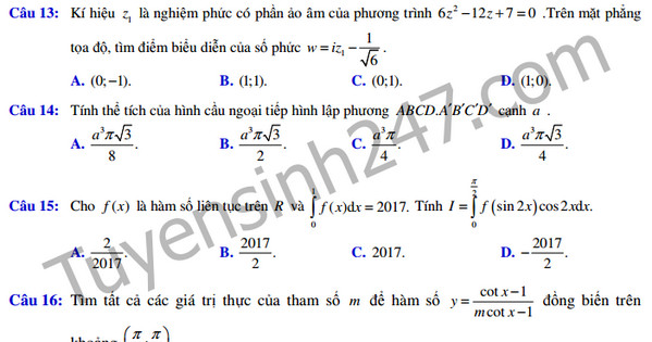 Đề thi giữa học kì 2 lớp 12 môn Toán - THPT Lê Hồng Phong 2017