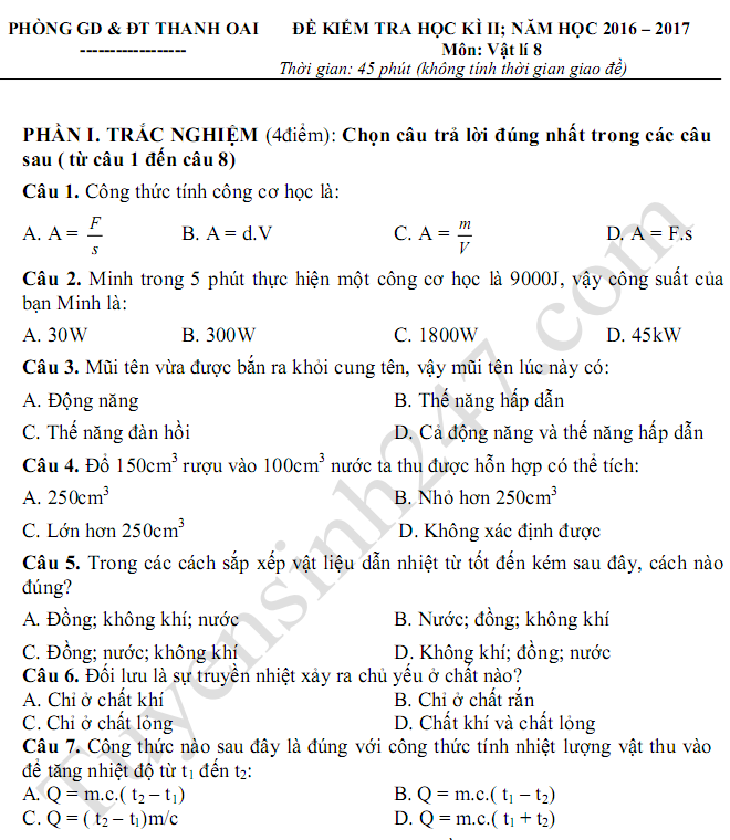 Đề thi học kì 2 lớp 8 môn Lý - Thanh Oai 2017