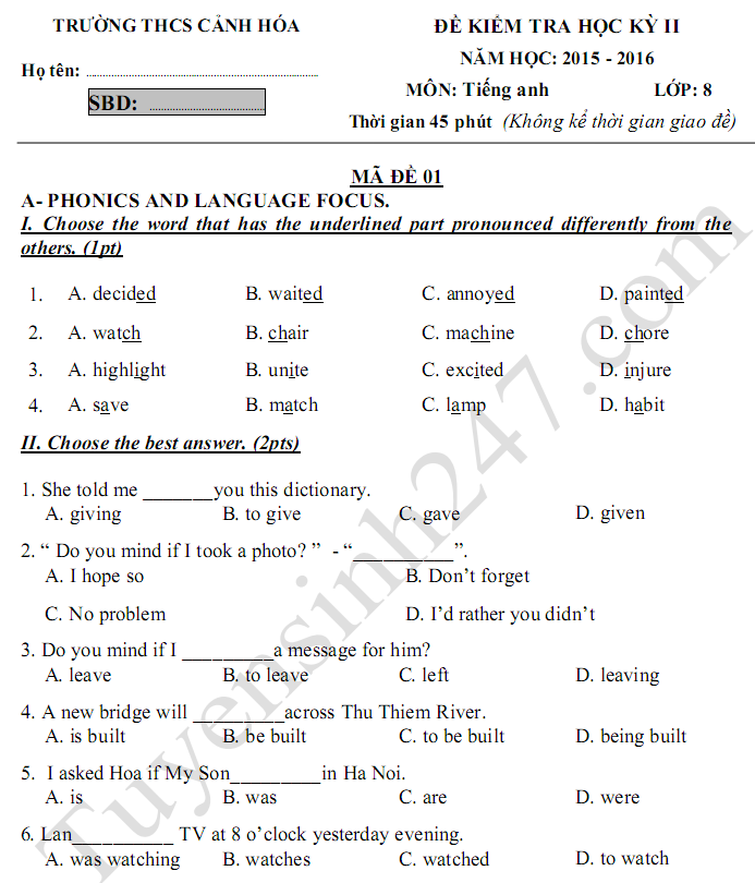 Đề thi học kì 2 lớp 8 môn Anh - THCS Cảnh Hóa 2016