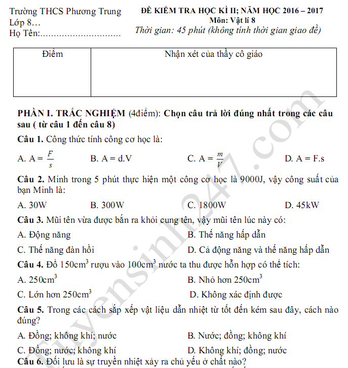 Đề thi học kì 2 lớp 8 môn Lý - THCS Phương Trung 2017