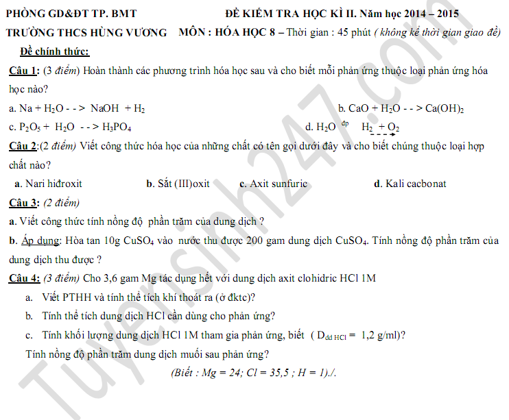 Đề thi học kì 2 môn Hóa lớp 8 THCS Hùng Vương 2016
