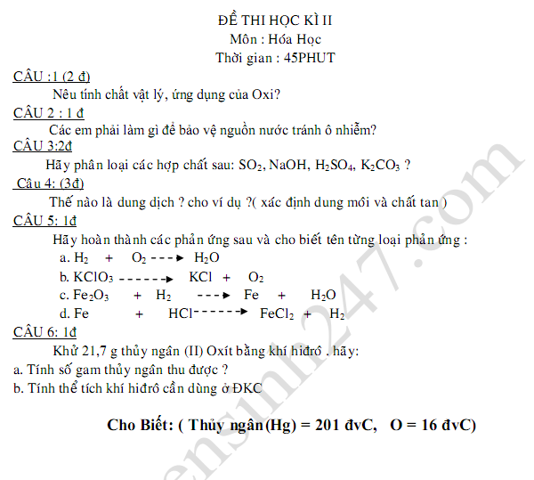 Đề thi học kì 2 lớp 8 môn Hóa 2016 - THCS Biên Giới