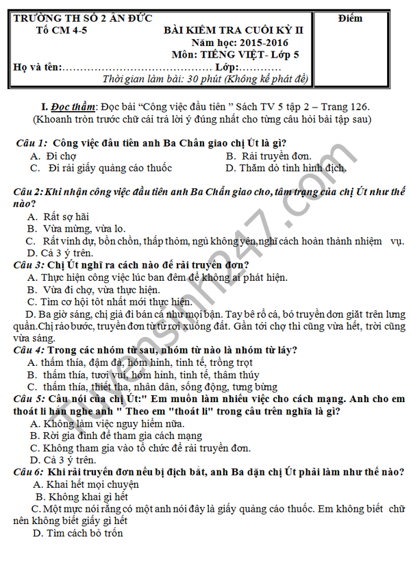 Đề thi học kì 2 lớp 5 môn Tiếng Việt 2016 –  TH số 2 Ân Đức