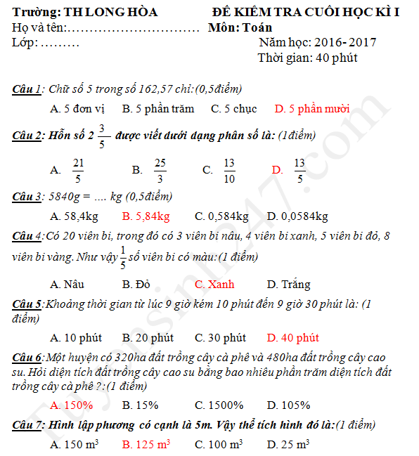 Đề thi học kì 2 lớp 5 môn Toán 2017 - TH Long Hòa