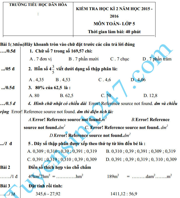 Đề thi học kì 2 lớp 5 môn Toán – Tiểu học Dân Hòa năm 2016