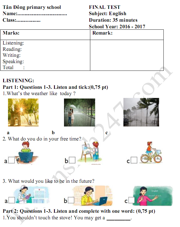 Đề thi học kì 2 lớp 5 môn Tiếng Anh - TH Tân Đông 2017