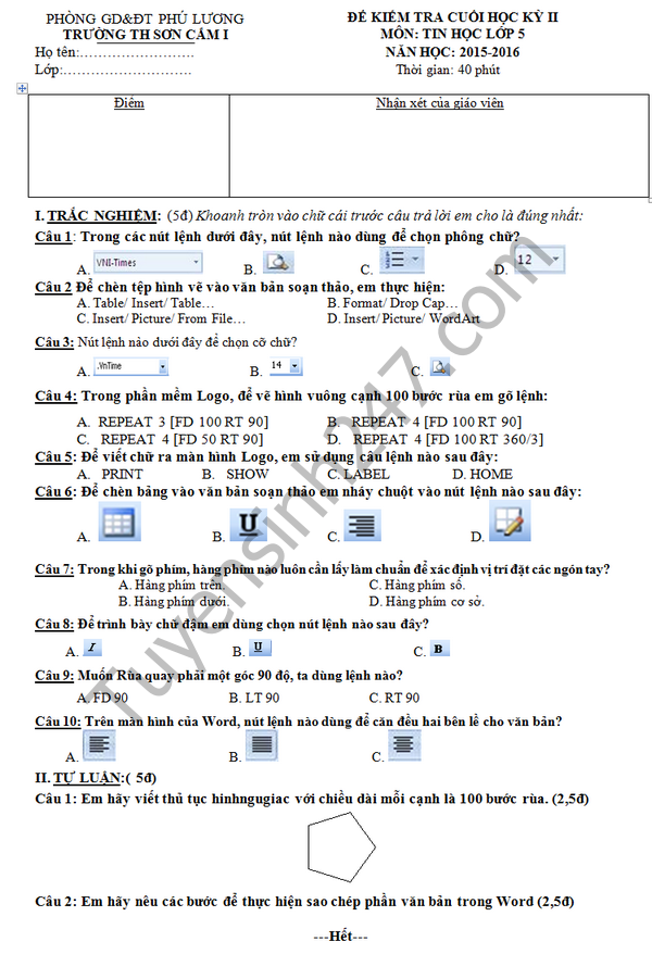 Đề thi học kì 2 lớp 5 môn Tin học - TH Sơn Cẩm 1 2016