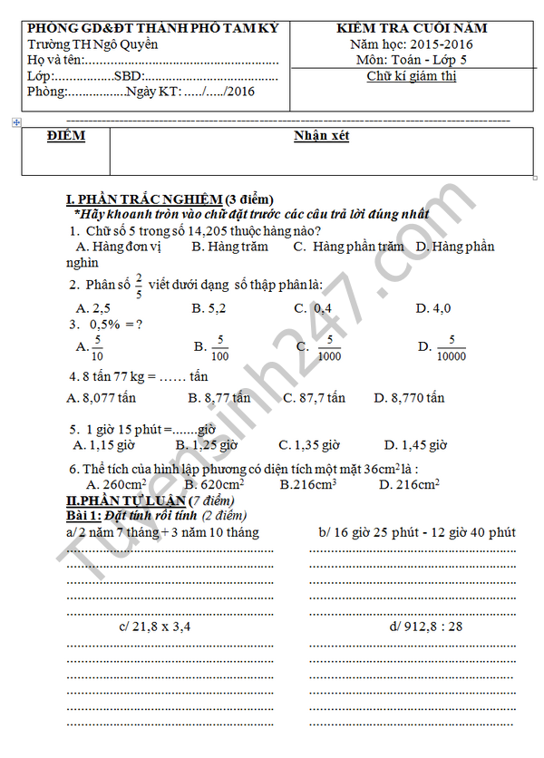 Đề thi học kì 2 lớp 5 môn Toán 2016 - TH Ngô Quyền