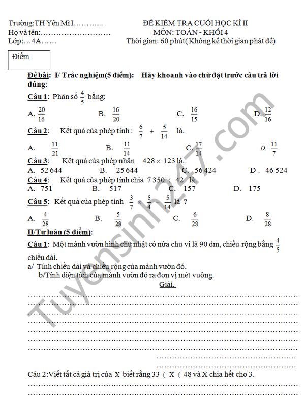 Đề thi học kì 2 lớp 4 môn Toán - TH Yên Mĩ I năm 2016