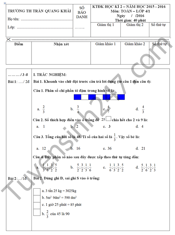 Đề thi học kì 2 lớp 4 năm 2016 môn Toán – Tiểu học Trần Quang Khải