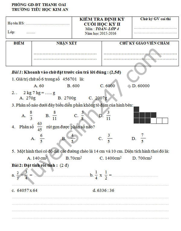 Đề thi học kì 2 lớp 4 môn Toán - TH Kim An 2016