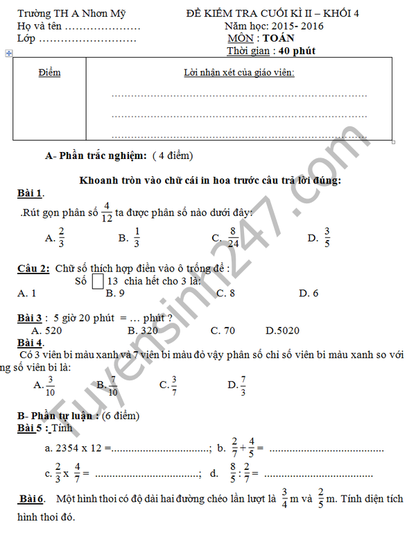Đề thi học kì 2 lớp 4 môn Toán năm 2016 - TH A Nhơn Mỹ
