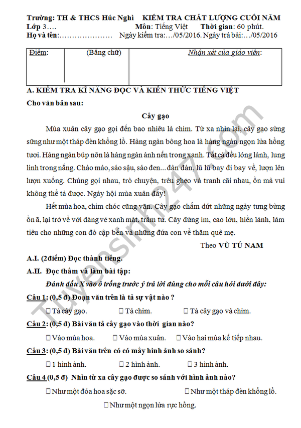 Đề thi học kì 2 lớp 3 môn Tiếng Việt 2016 - TH&THCS Húc Nghì\