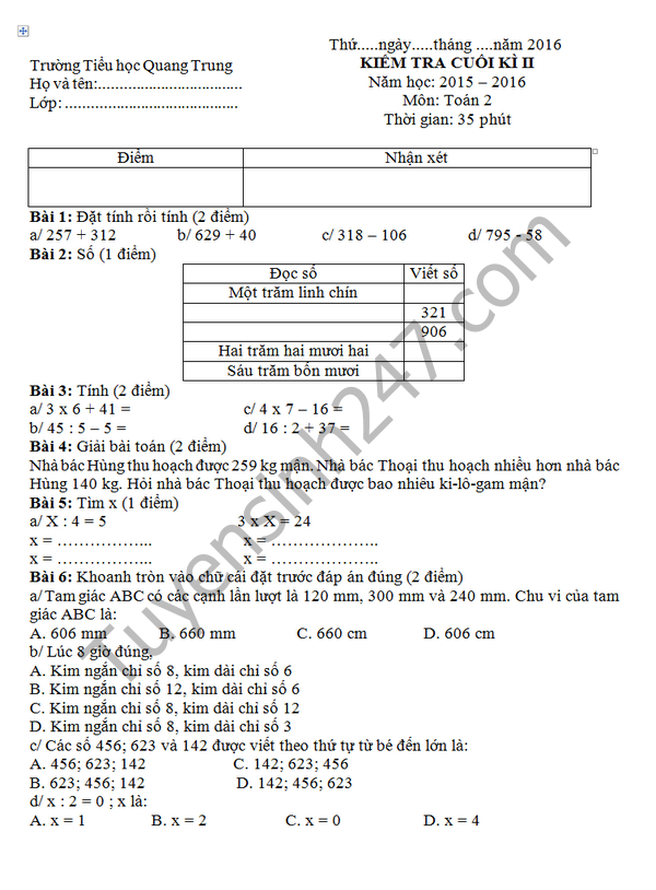 Đề thi học kì 2 lớp 2 môn Toán trường TH Quang Trung năm 2016