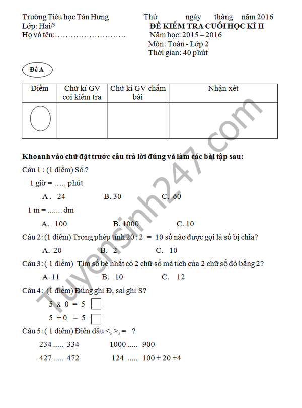 Đề thi học kì 2 lớp 2 năm 2016 môn Toán - TH Tân Hưng