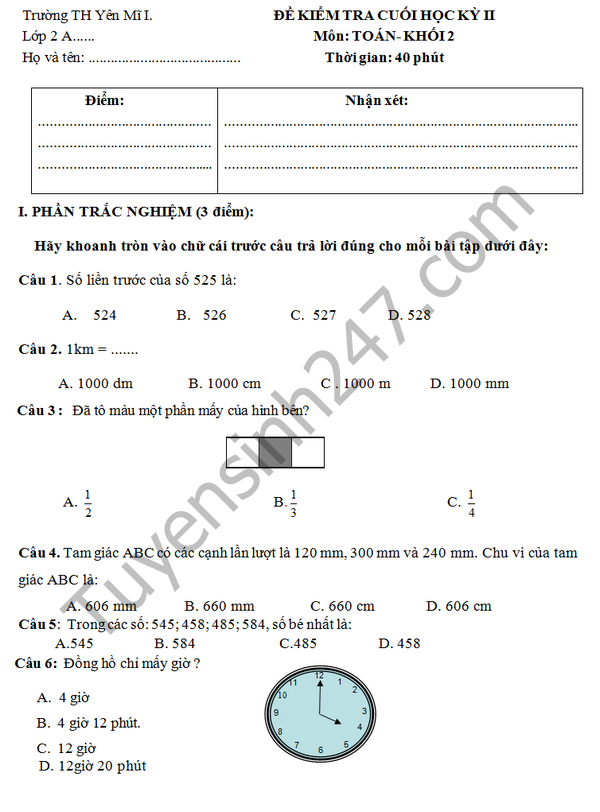Đề thi học kì 2 lớp 2 môn Toán - TH Yên Mỹ I 2016