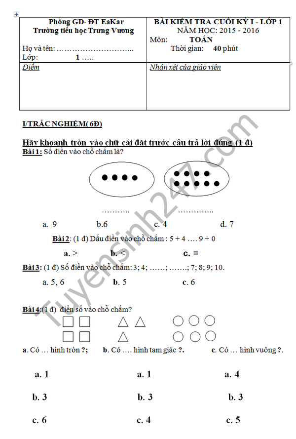 Đề thi học kì 2 lớp 1 môn Tiếng Việt 2016 - TH Trưng Vương