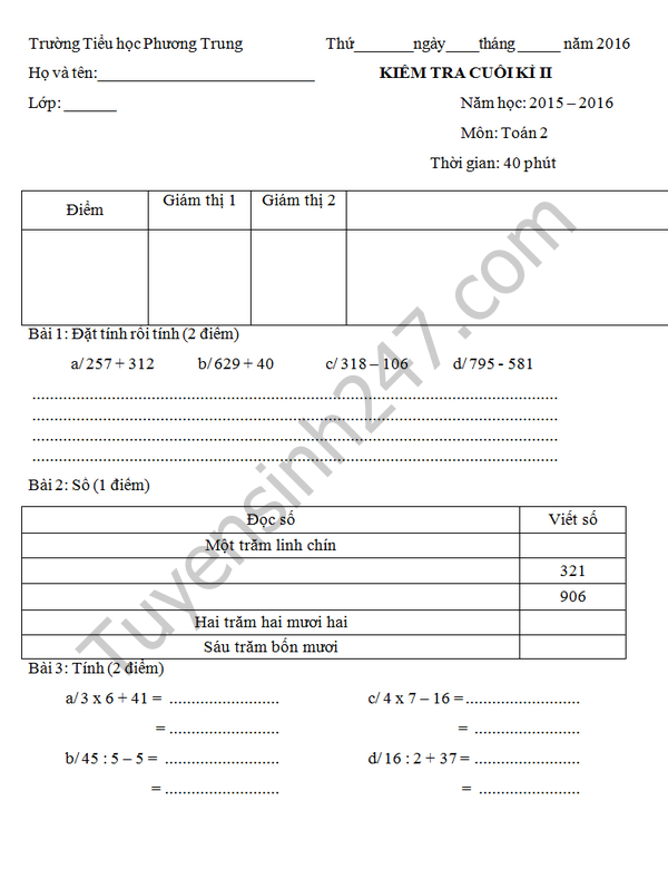 Đề thi học kì 2 lớp 2 môn Toán - TH Phương Trung năm 2016
