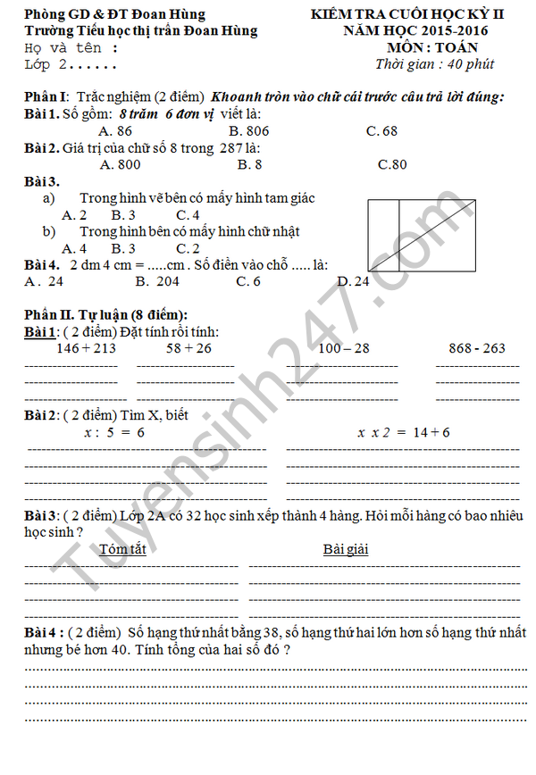 Đề thi học kì 2 lớp 2 môn Toán năm 2016 - TH TT Đoan Hùng