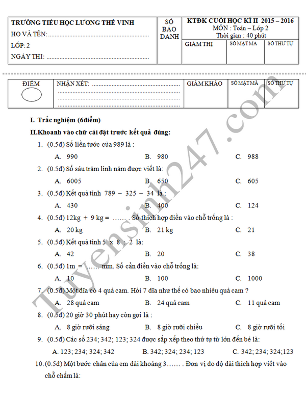 Đề thi học kì 2 lớp 2 môn Toán năm 2016 - TH Lương Thế Vinh