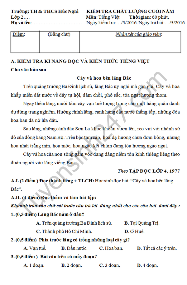 Đề thi học kì 2 lớp 2 môn Tiếng Việt - TH&THPT Húc Nghì năm 2016