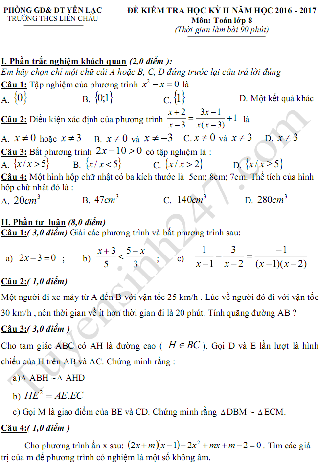 Đề thi học kì 2 lớp 8 môn Toán THCS Liên Châu 2017