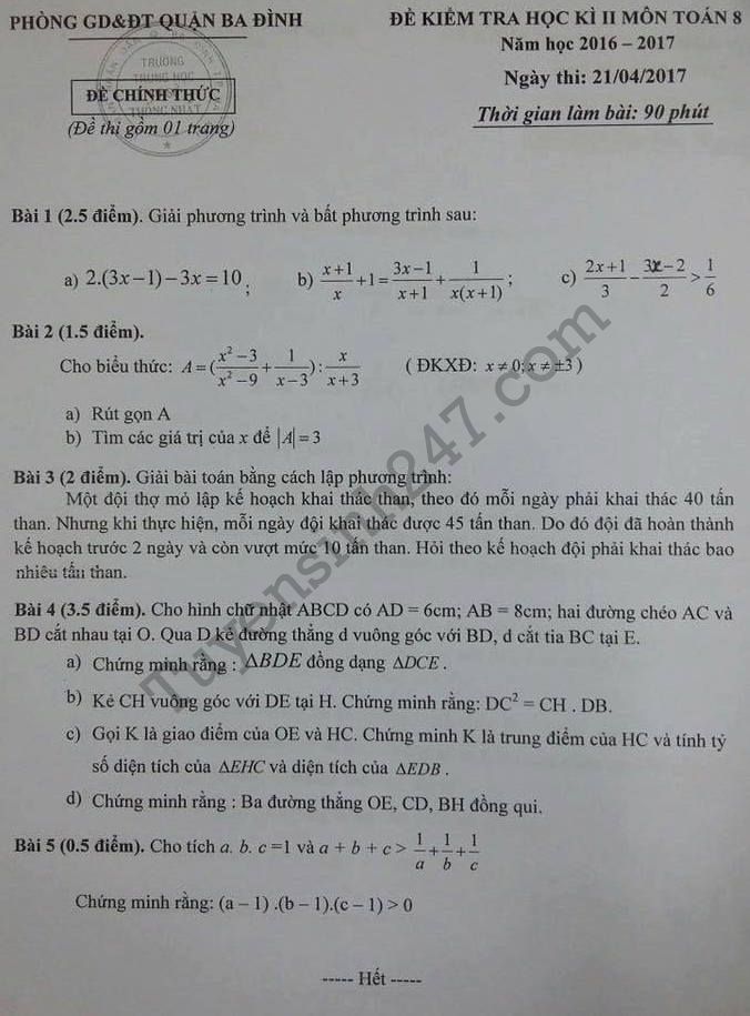 Đề thi học kì 2 lớp 8 môn Toán - Quận Ba Đình 2017