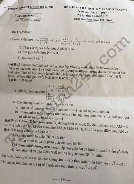 Đề thi học kì 2 lớp 9 môn Toán - Quận Ba Đình 2017