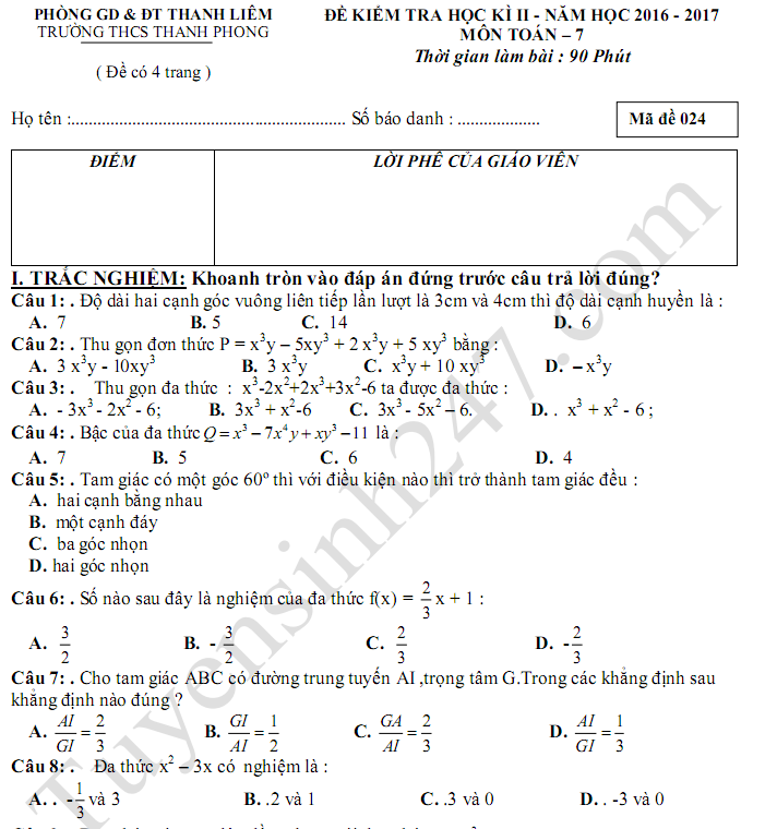 Đề thi học kì 2 lớp 7 môn Toán 2017 THCS Thanh Phong