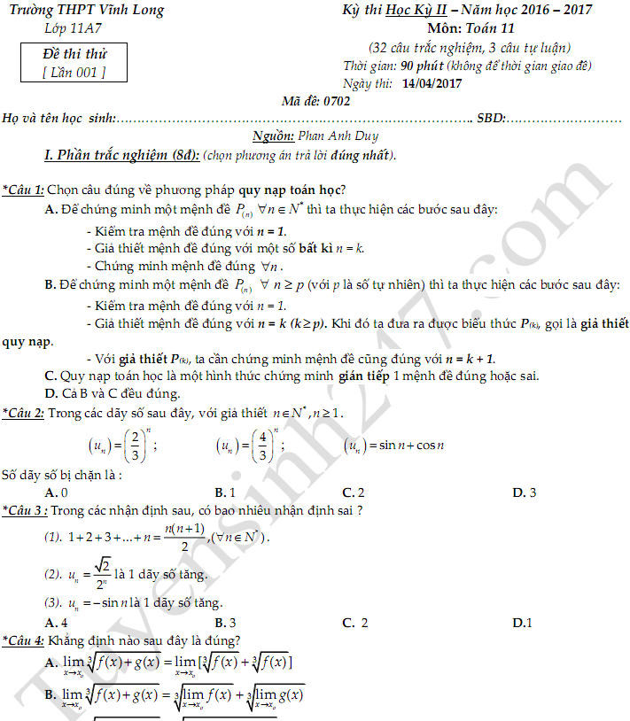 Đề thi học kì 2 lớp 11 môn Toán - THPT Vĩnh Long 2017