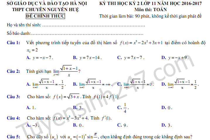 Đề thi học kì 2 lớp 11 môn Toán 2017 trường THPT Chuyên Nguyễn Huệ