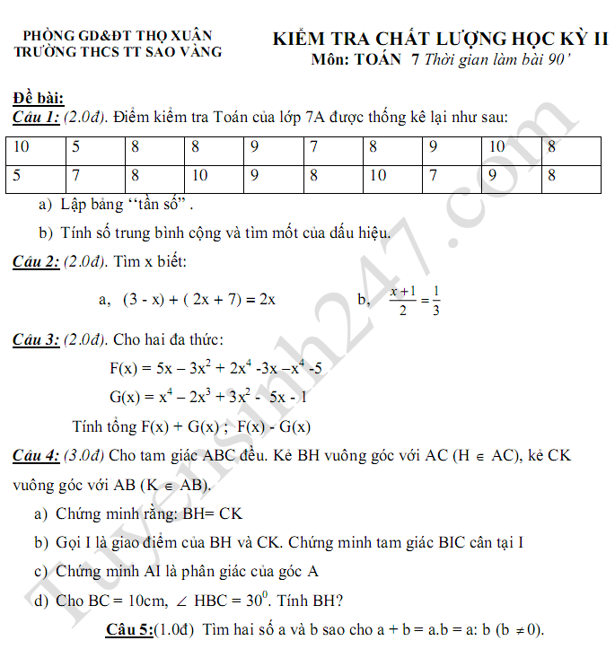 Đề thi học kì 2 lớp 7 môn Toán - THCS Sao Vàng 2017