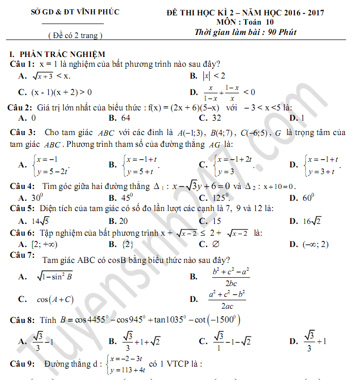Đề thi học kì 2 lớp 10 môn Toán 2017 - Sở GD&ĐT Vĩnh Phúc